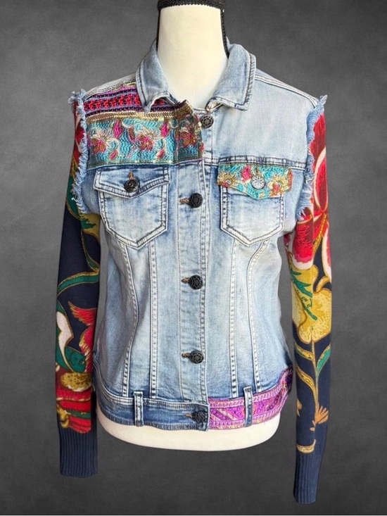 Desigual Jackets & Blazers - Desigual Light Wash‎ Denim Jacket with Multicolor Floral Knit Sleeves
